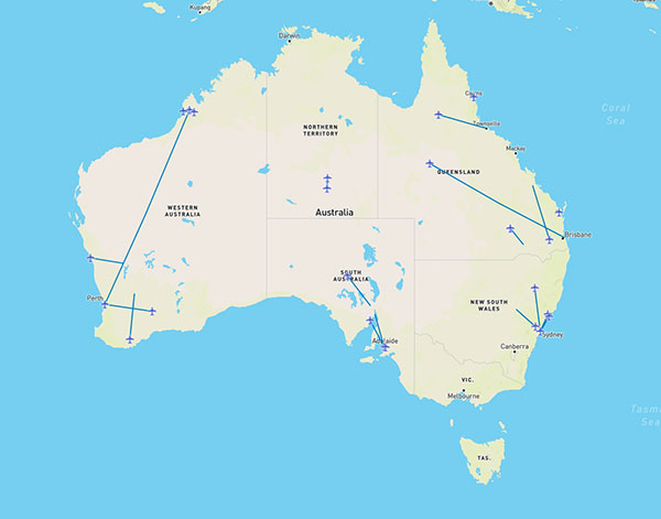 Map of Australia displaying Royal Flying Doctor Service flight routes.