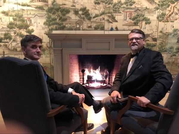 Jason seated with Ed Rodley (left), associate Director of Integrated Media at the Peabody Essex Museum with the created soundscapes for the Museum’s Strathallan Wallpaper exhibit, which included this realistic looking and sounding fireplace. 