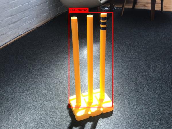 Photo of cricket stumps with box showing computer recognition of the object