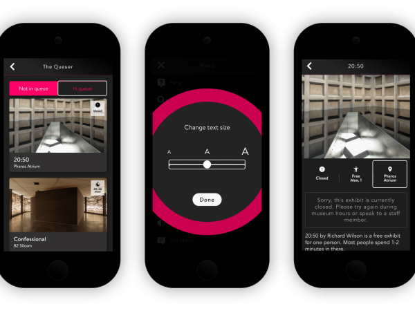 Screenshots of the Queuing interface on The O at the Museum of Old and New Art