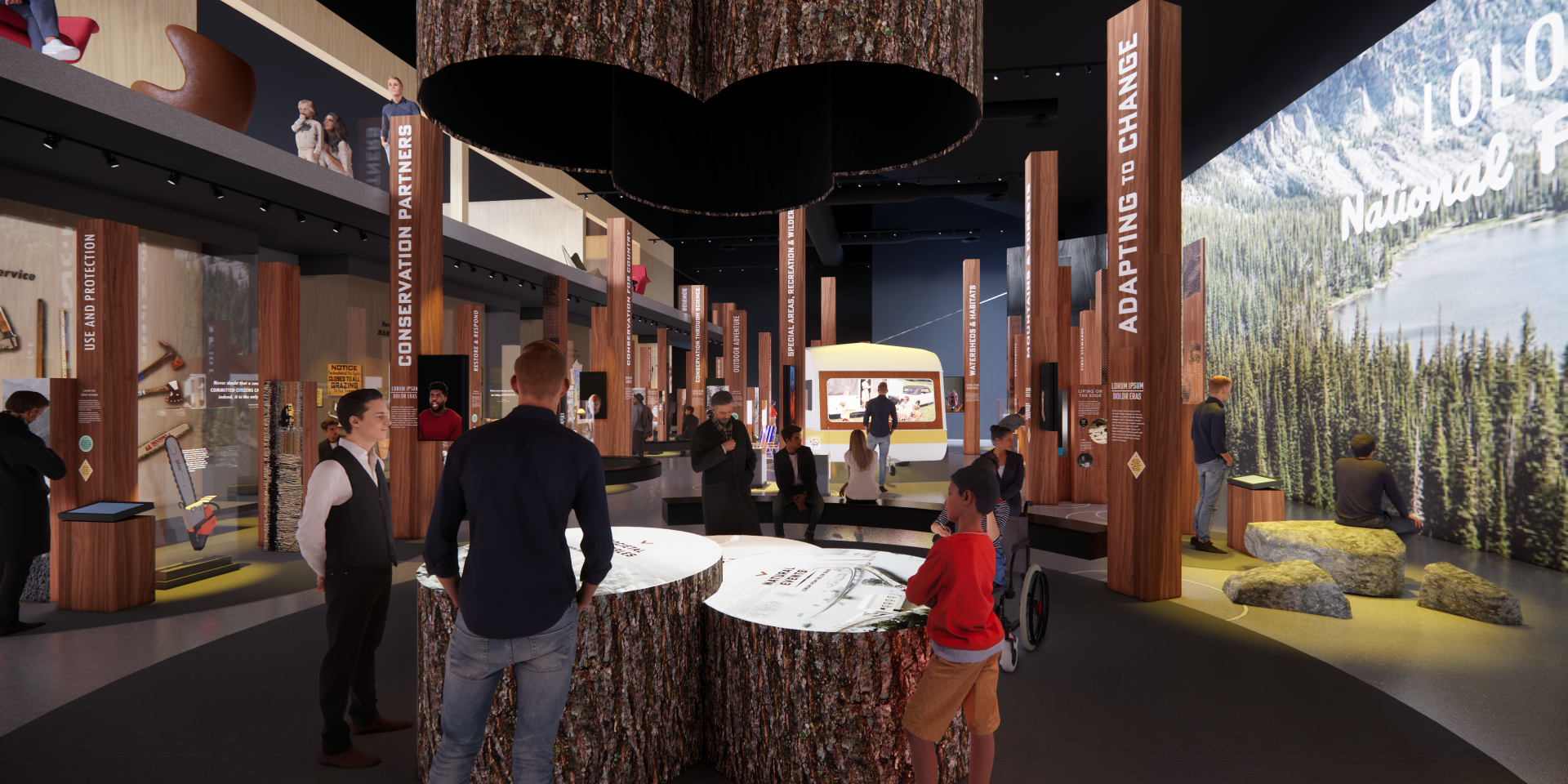 Render of the new National Museum of Forest Service History showing a group of people standing around an interactive touch screen