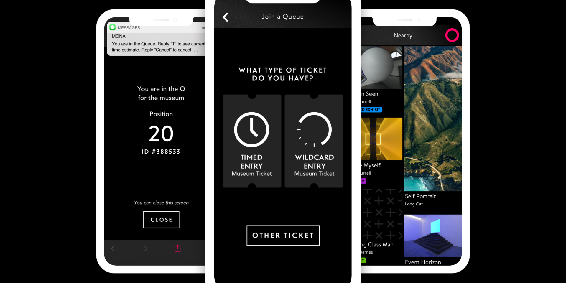 Screens from The O mobile guide showing new COVID-compliant features: wildcard ticketing and notifications