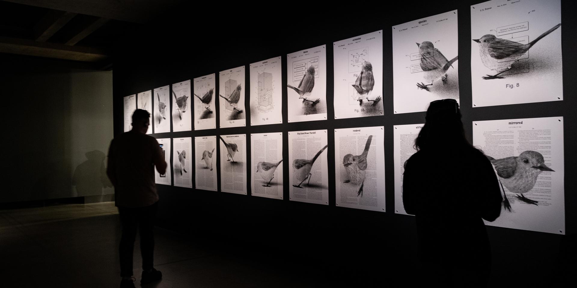 A man and a woman are looking at wall art in a dark room at the Museum of Old and New Art