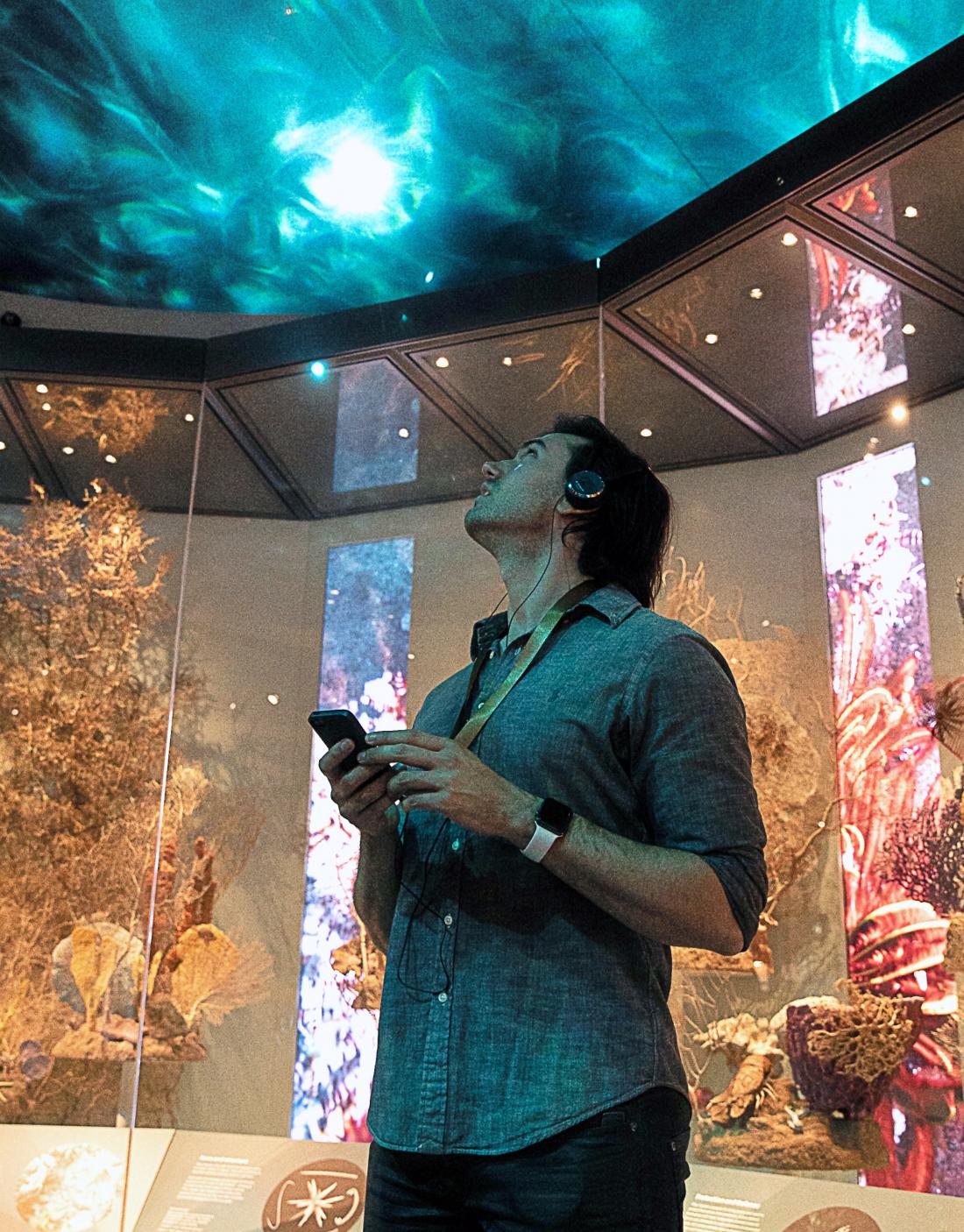 At the WA Museum Boola Bardip, a man stands looking up and holding the Gogo Digital Guide listening to an immersive audio experience