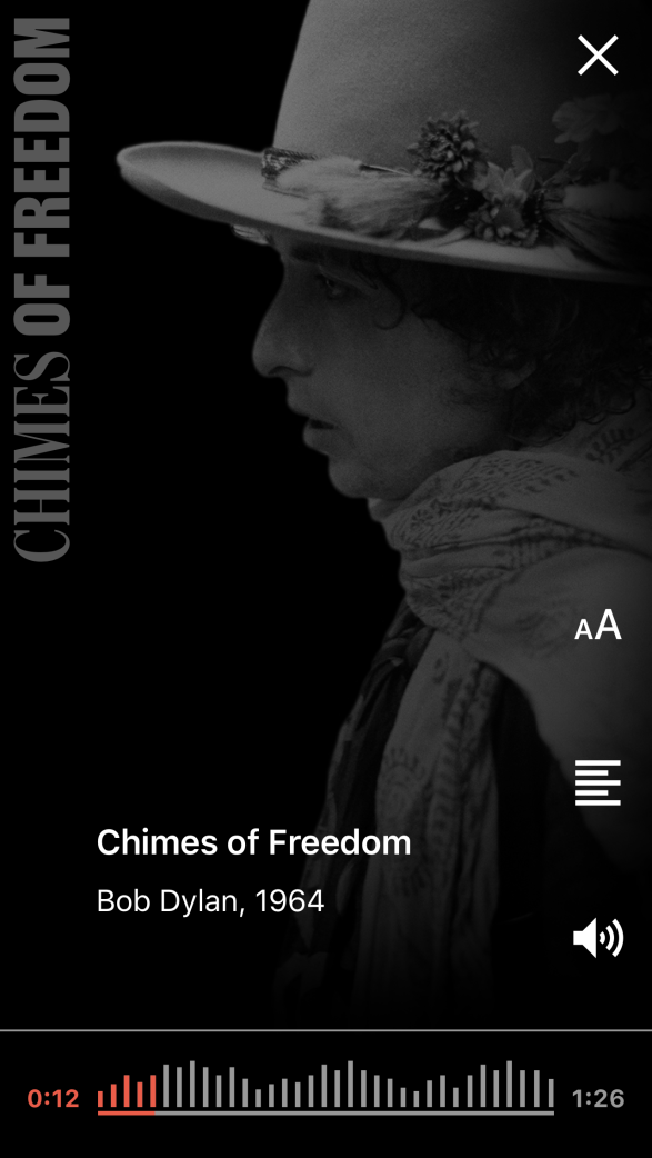 Screenshot of the Bob Dylan Center audio experience interface