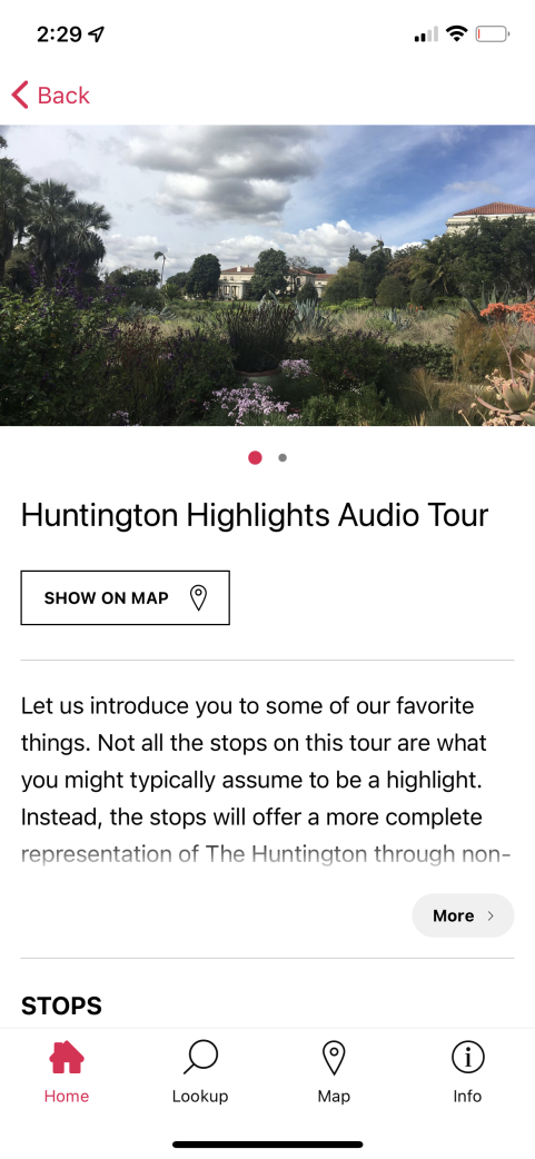 Screenshot of the Huntington digital guide app showing a description of the highlights audio tour