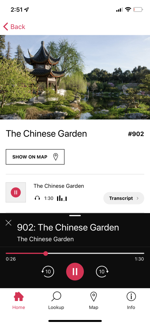 Screenshot of the Huntington digital guide app showing an audio stop