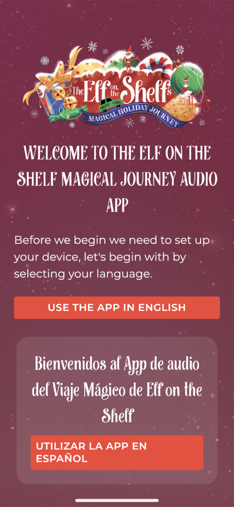 Screenshot of the welcome screen for the Elf on the Shelf location-aware mobile application