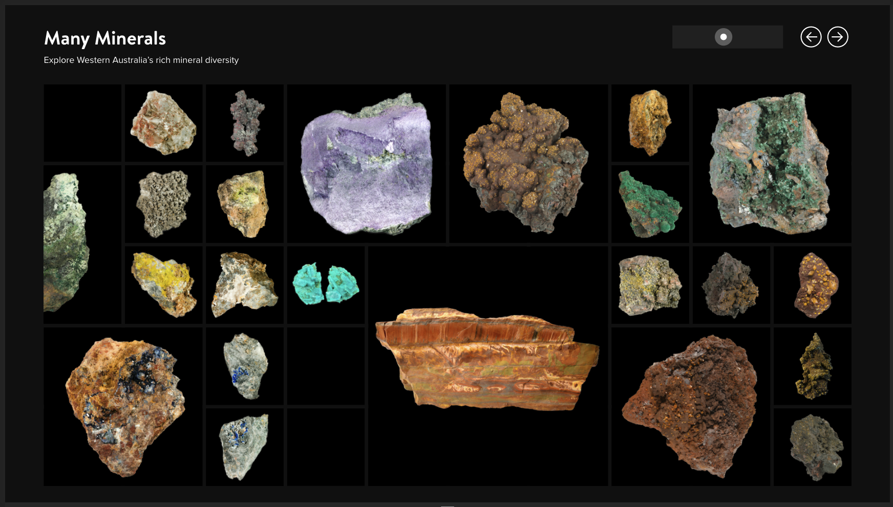Screenshot of GoGo app displaying images of different minerals on a black background with the heading 'Many minerals'