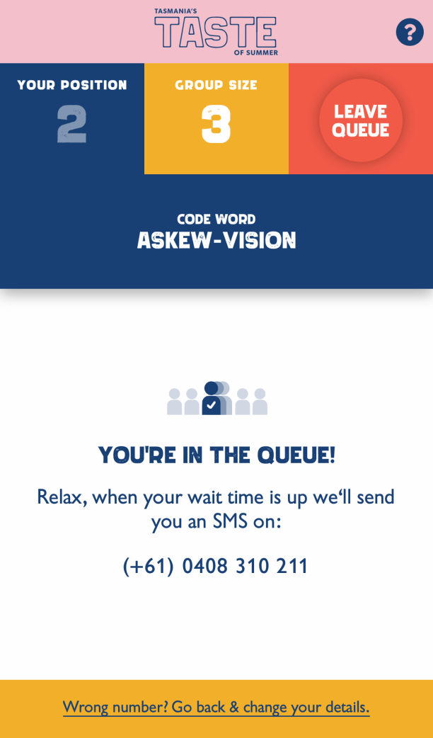 Screenshot from Taste of Summer queuing app